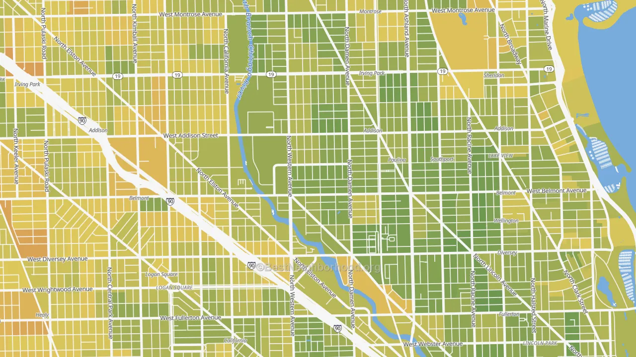 Map of the best neighborhoods in the Bricktown, Chicago area, with better matches in green and worse matches in red
