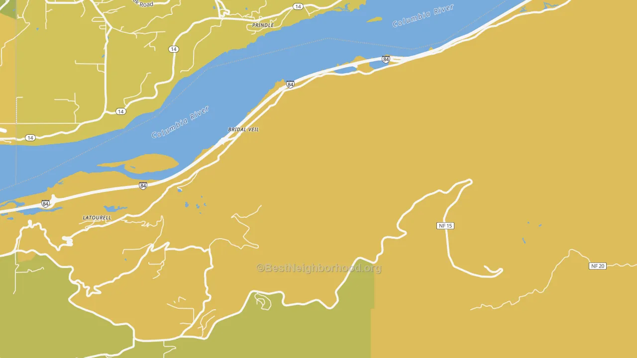 Map of the best neighborhoods in the Bridal Veil area, with better matches in green and worse matches in red