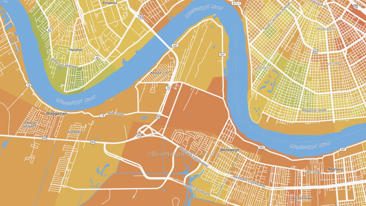 Map of the best neighborhoods in the Bridge City area, with better matches in green and worse matches in red