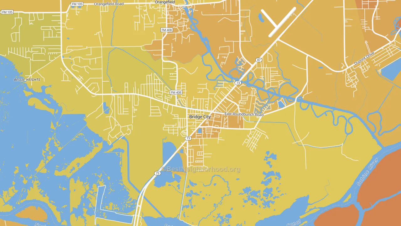 Map of the best neighborhoods in the Bridge City area, with better matches in green and worse matches in red