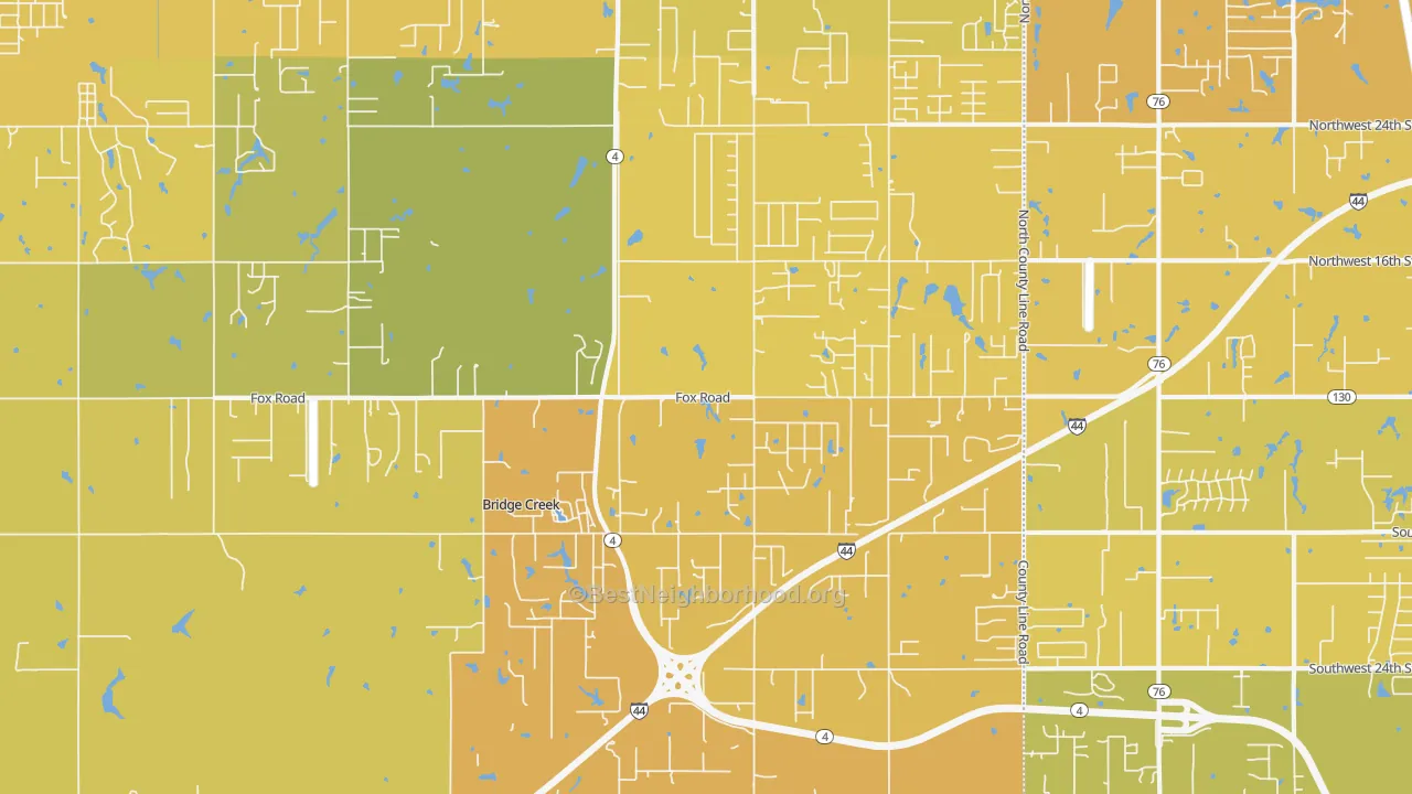 Map of the best neighborhoods in the Bridge Creek area, with better matches in green and worse matches in red