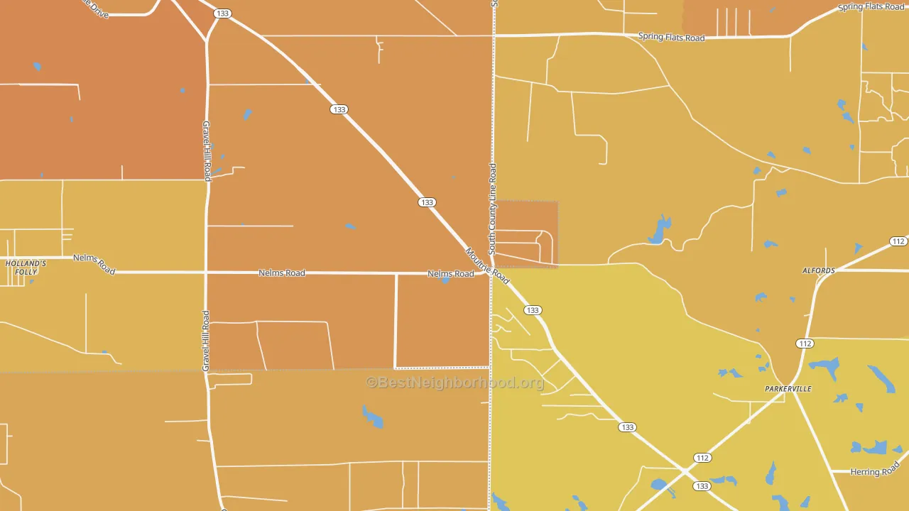 Map of the best neighborhoods in the Bridgeboro area, with better matches in green and worse matches in red