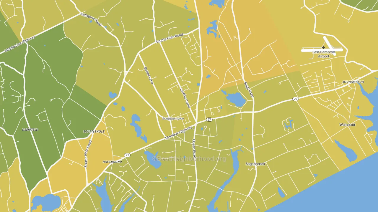 Map of the best neighborhoods in the Bridgehampton area, with better matches in green and worse matches in red
