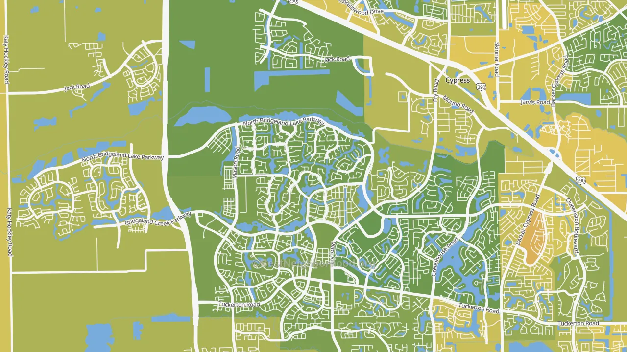 Map of the best neighborhoods in the Bridgeland, Cypress area, with better matches in green and worse matches in red