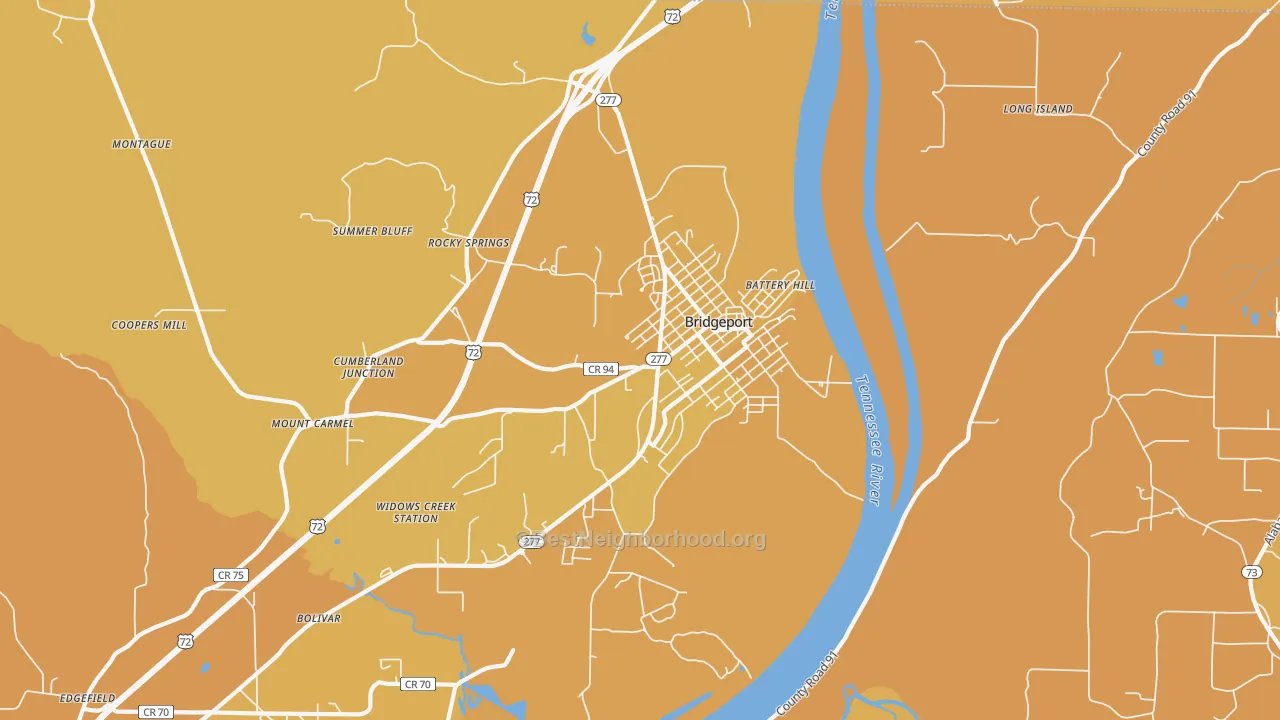 Map of the best neighborhoods in the Bridgeport area, with better matches in green and worse matches in red