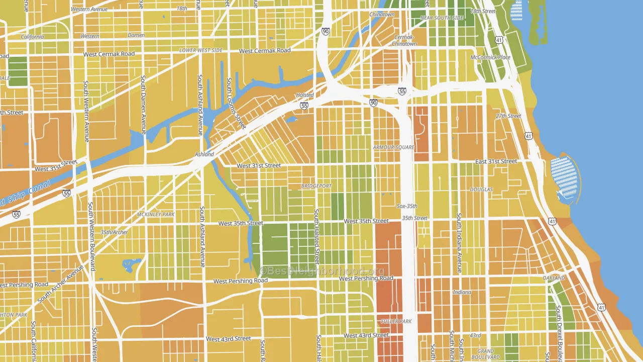 Map of the best neighborhoods in the Bridgeport, Chicago area, with better matches in green and worse matches in red