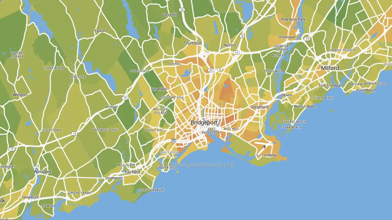 Map of the best neighborhoods in the Bridgeport Metro area, with better matches in green and worse matches in red