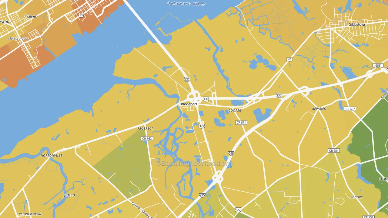 Map of the best neighborhoods in the Bridgeport area, with better matches in green and worse matches in red