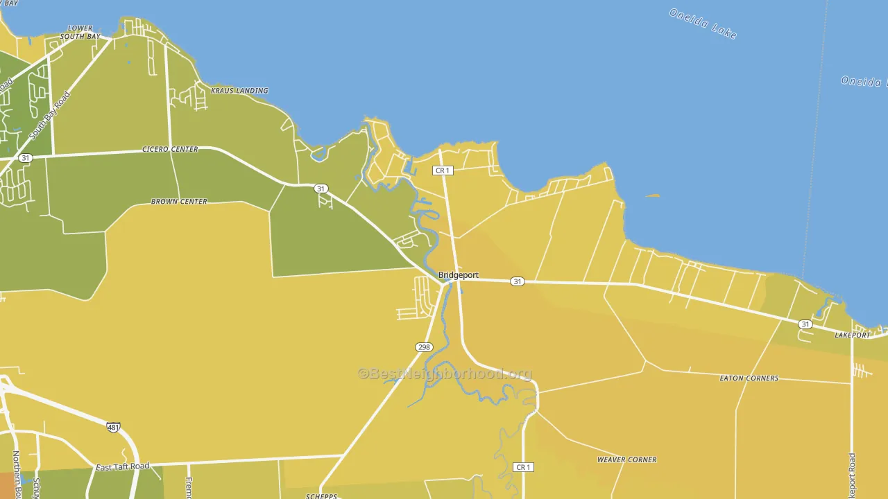 Map of the best neighborhoods in the Bridgeport area, with better matches in green and worse matches in red