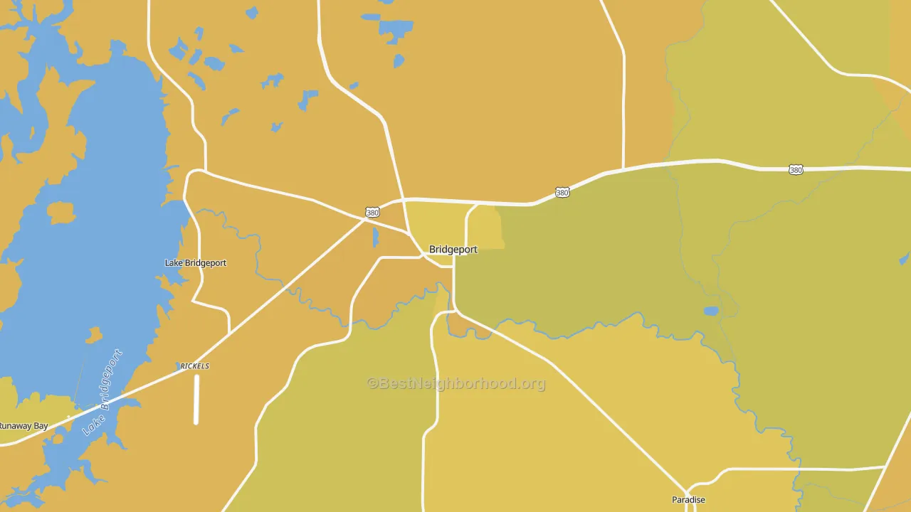 Map of the best neighborhoods in the Bridgeport area, with better matches in green and worse matches in red