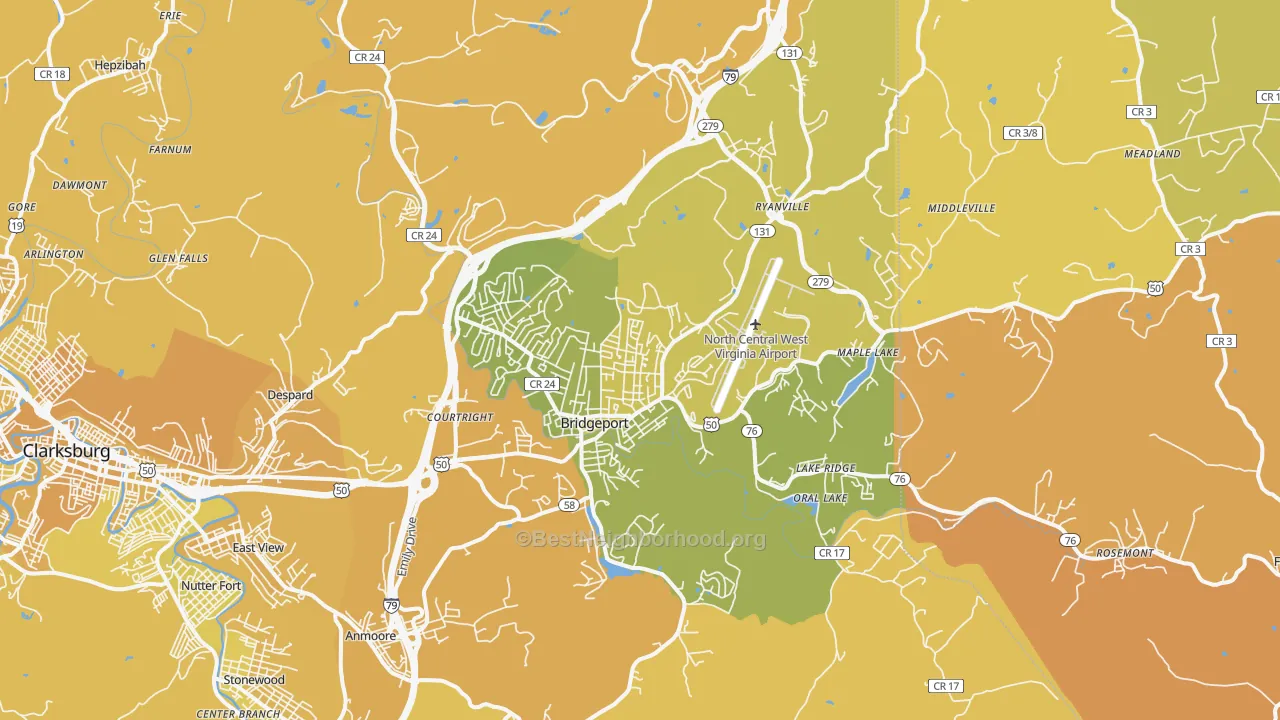 Map of the best neighborhoods in the Bridgeport area, with better matches in green and worse matches in red