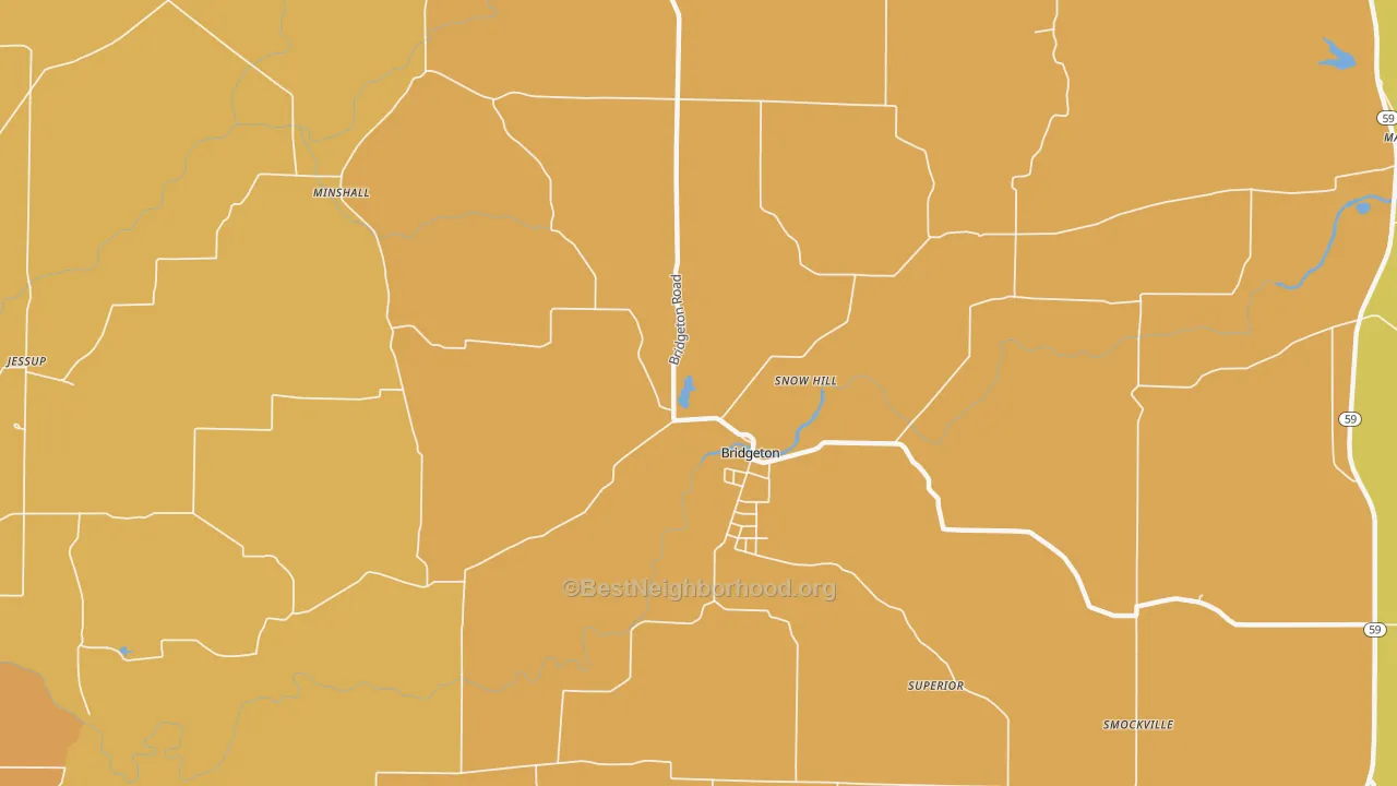 Map of the best neighborhoods in the Bridgeton area, with better matches in green and worse matches in red