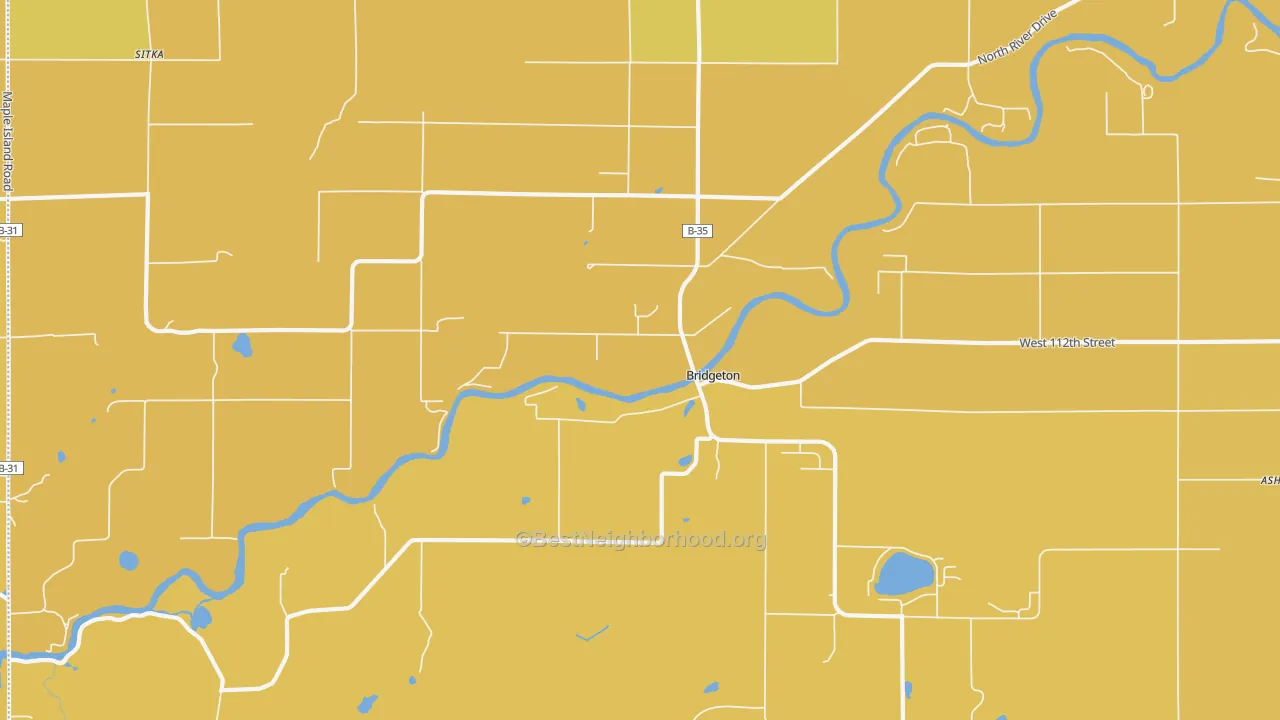 Map of the best neighborhoods in the Bridgeton area, with better matches in green and worse matches in red