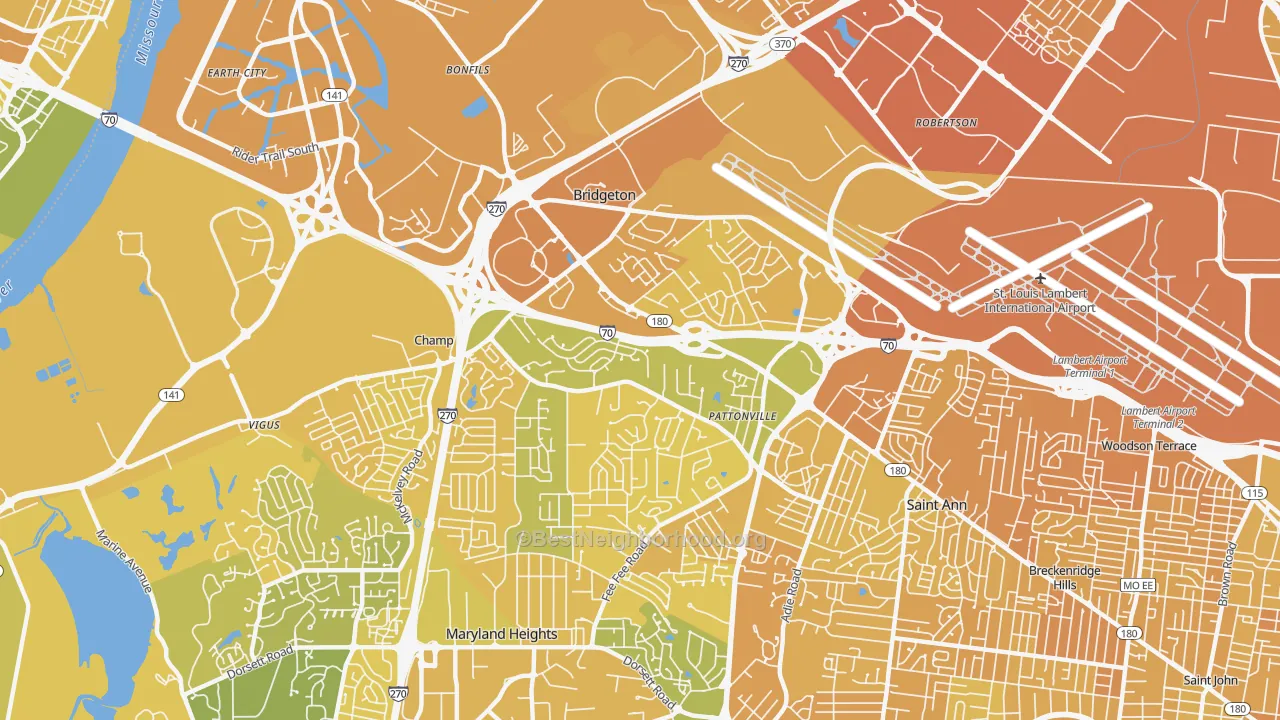 Map of the best neighborhoods in the Bridgeton area, with better matches in green and worse matches in red