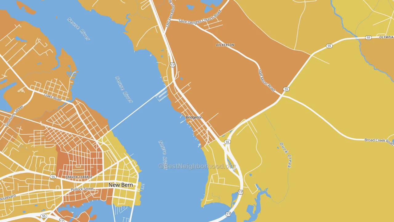 Map of the best neighborhoods in the Bridgeton area, with better matches in green and worse matches in red