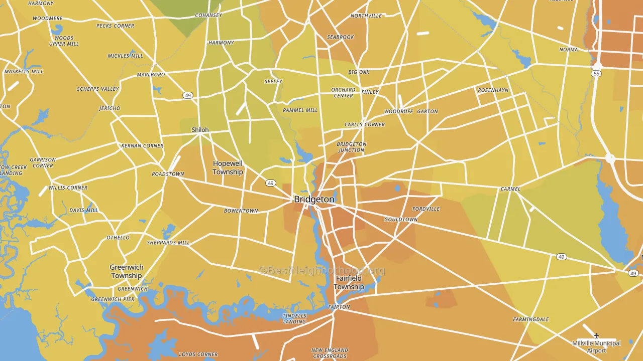 Map of the best neighborhoods in the Bridgeton area, with better matches in green and worse matches in red