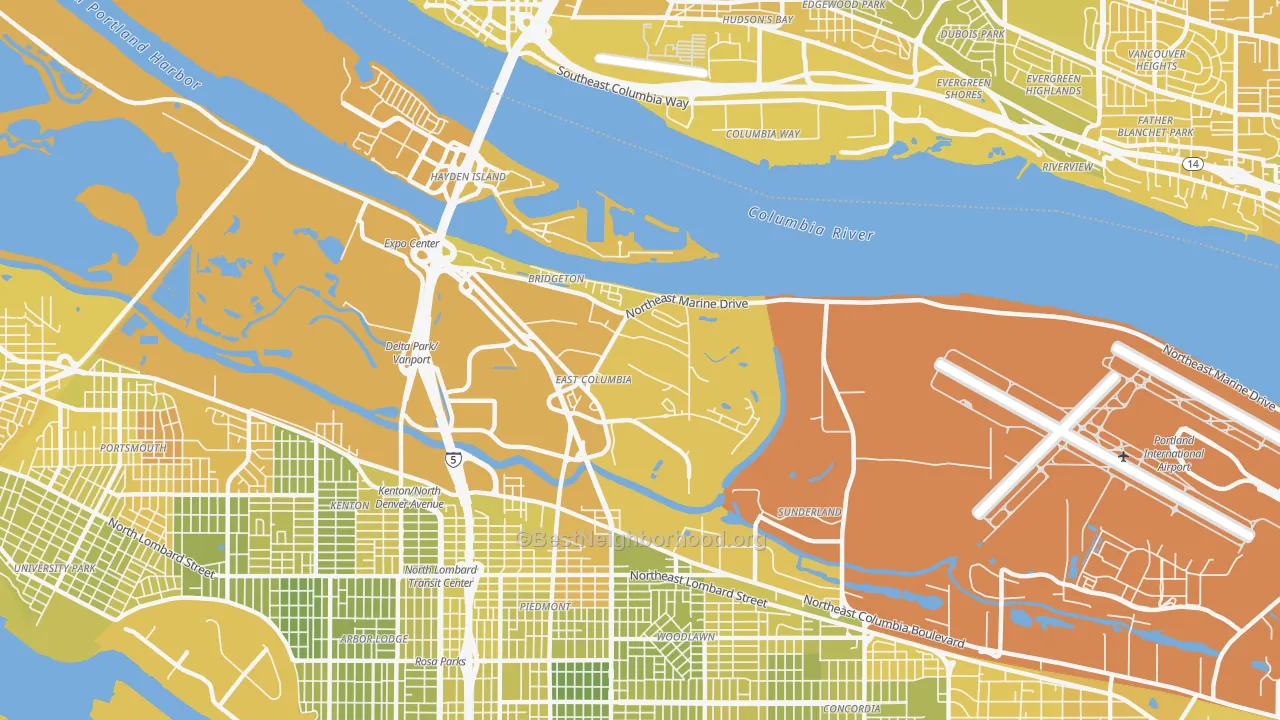Map of the best neighborhoods in the Bridgeton, Portland area, with better matches in green and worse matches in red