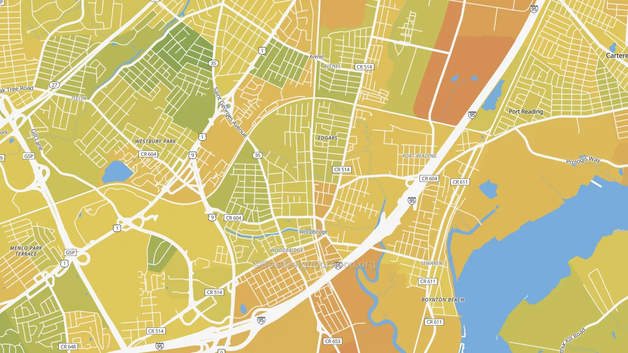 Map of the best neighborhoods in the Bridgeton, Woodbridge area, with better matches in green and worse matches in red