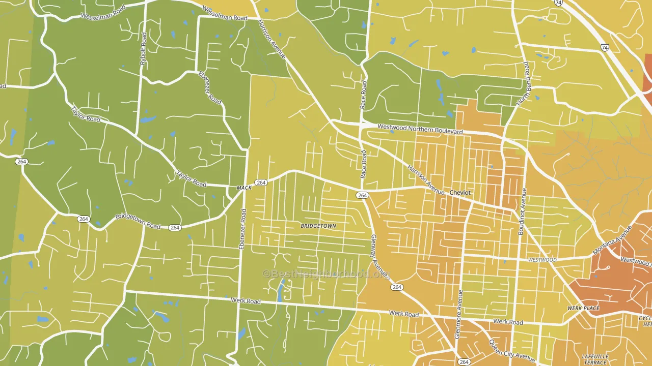 Map of the best neighborhoods in the Bridgetown North, Cincinnati area, with better matches in green and worse matches in red