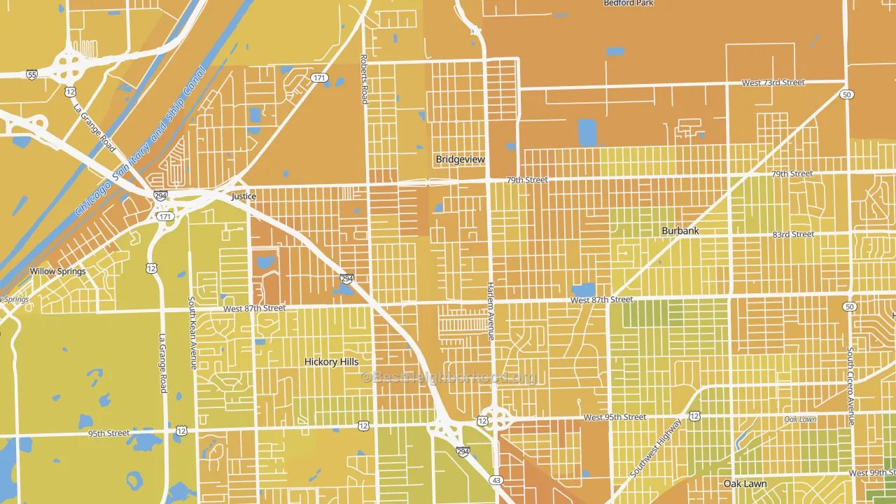 Map of the best neighborhoods in the Bridgeview area, with better matches in green and worse matches in red
