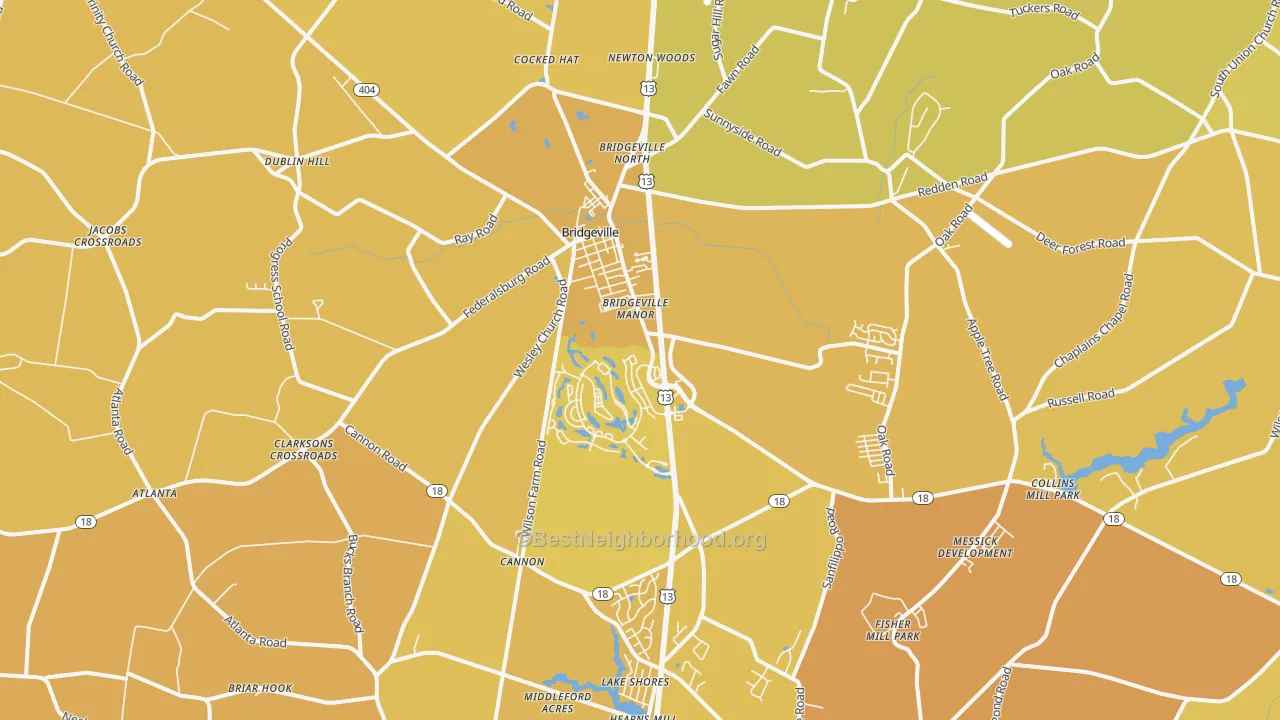 Map of the best neighborhoods in the Bridgeville area, with better matches in green and worse matches in red