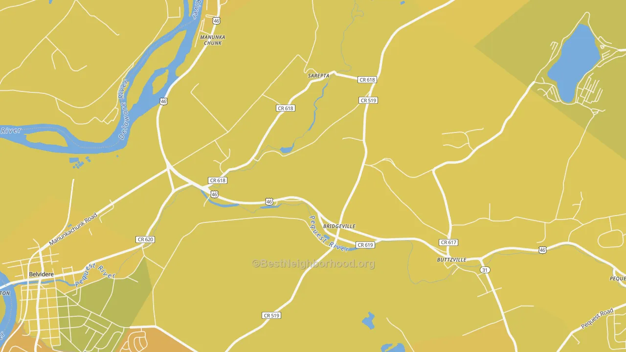 Map of the best neighborhoods in the Bridgeville area, with better matches in green and worse matches in red