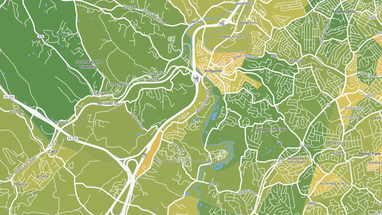 Map of the best neighborhoods in the Bridgeville area, with better matches in green and worse matches in red