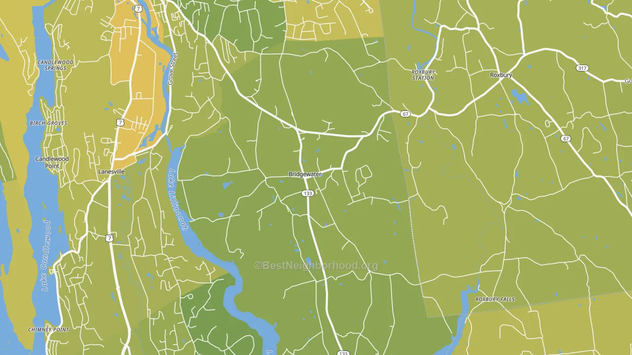 Map of the best neighborhoods in the Bridgewater area, with better matches in green and worse matches in red