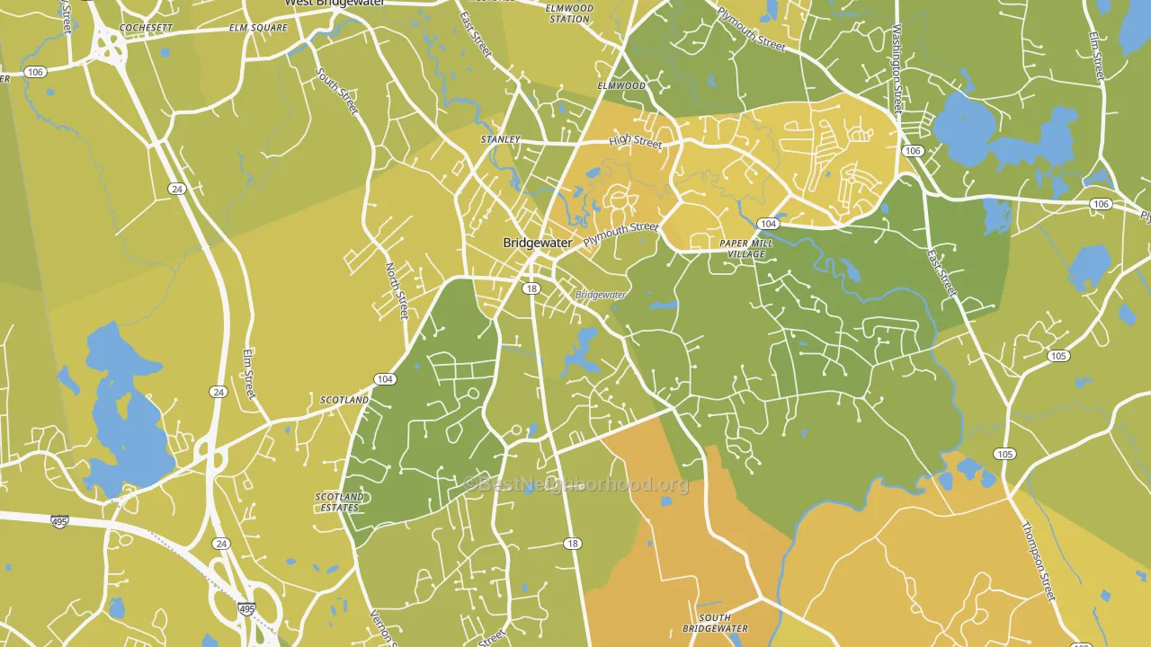 Map of the best neighborhoods in the Bridgewater area, with better matches in green and worse matches in red