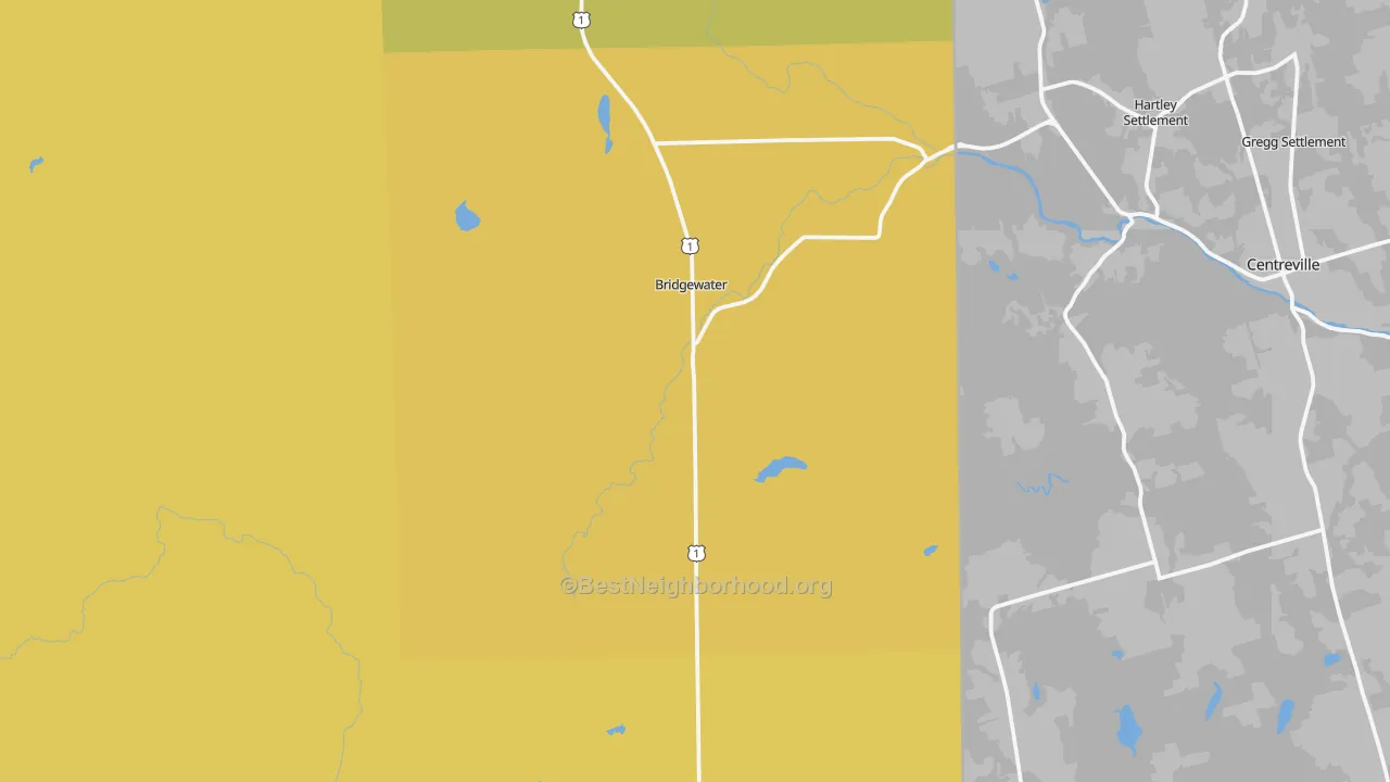 Map of the best neighborhoods in the Bridgewater area, with better matches in green and worse matches in red
