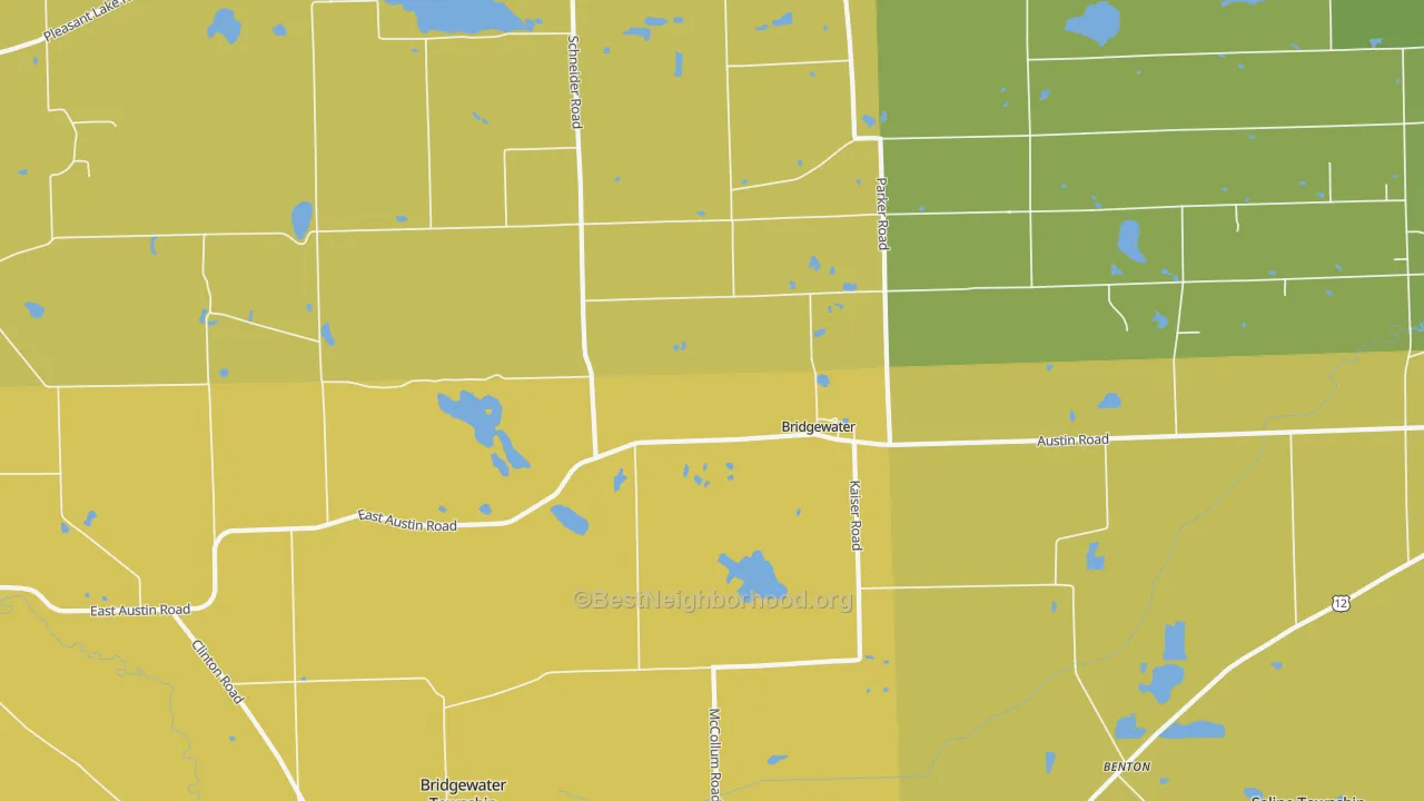 Map of the best neighborhoods in the Bridgewater area, with better matches in green and worse matches in red