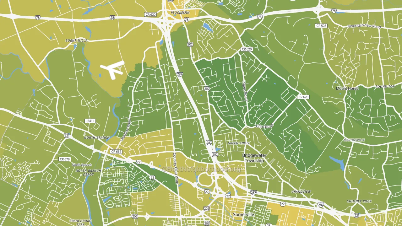 Map of the best neighborhoods in the Bridgewater area, with better matches in green and worse matches in red