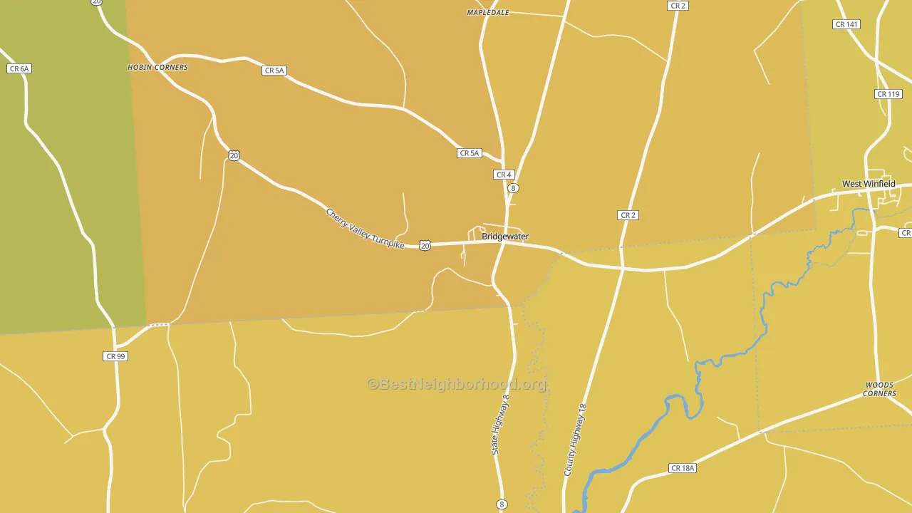 Map of the best neighborhoods in the Bridgewater area, with better matches in green and worse matches in red