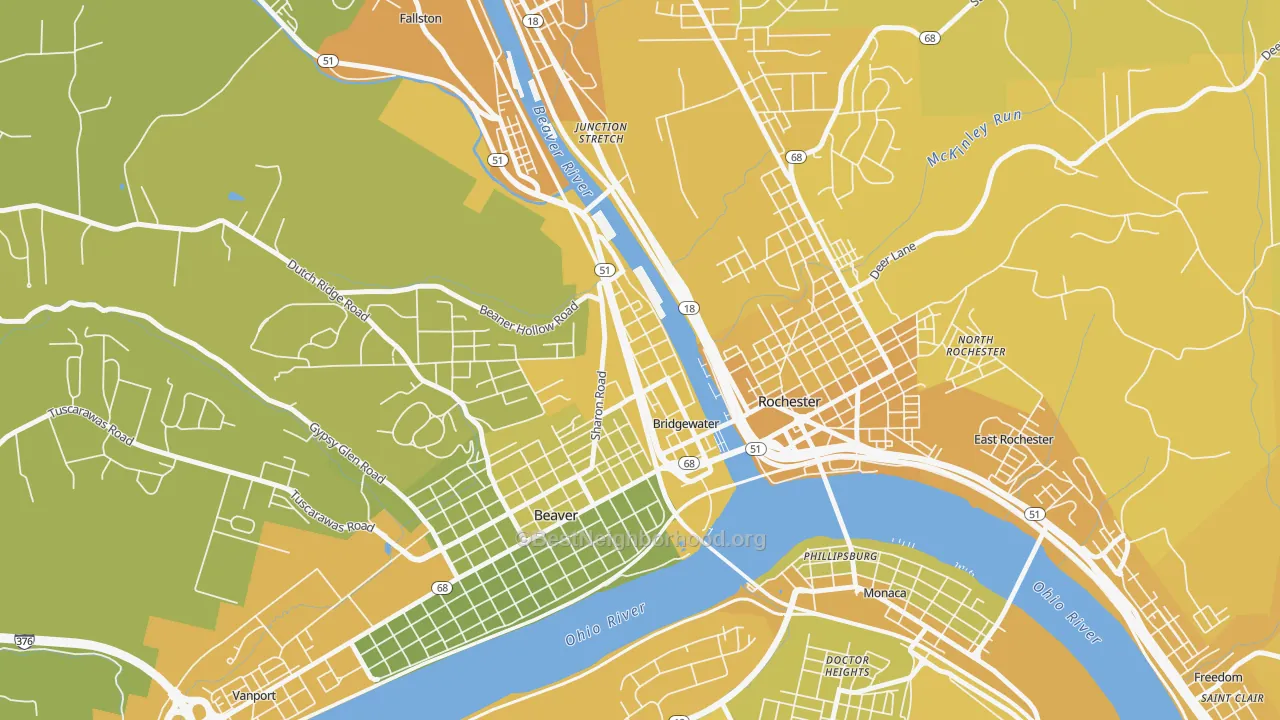 Map of the best neighborhoods in the Bridgewater area, with better matches in green and worse matches in red