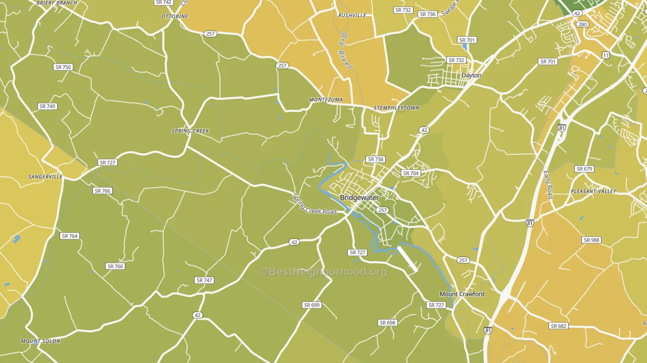 Map of the best neighborhoods in the Bridgewater area, with better matches in green and worse matches in red