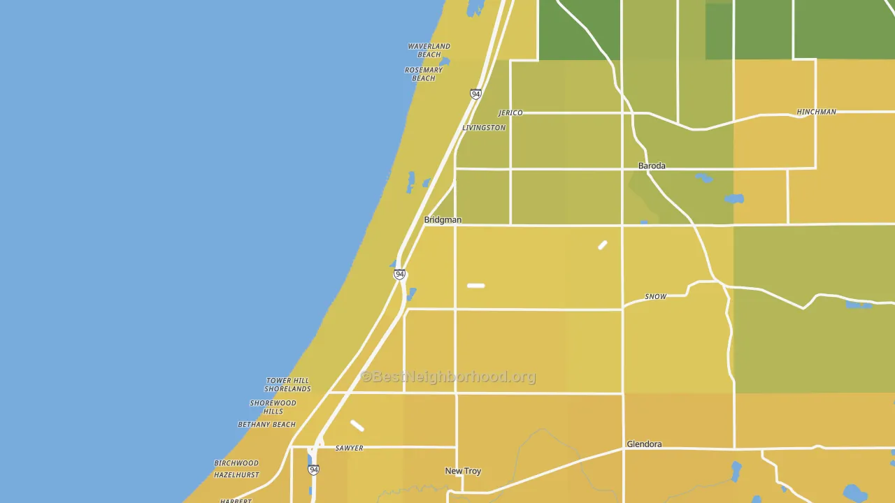 Map of the best neighborhoods in the Bridgman area, with better matches in green and worse matches in red