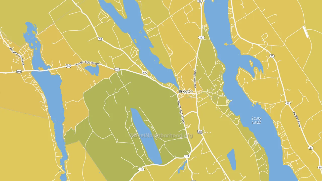 Map of the best neighborhoods in the Bridgton area, with better matches in green and worse matches in red