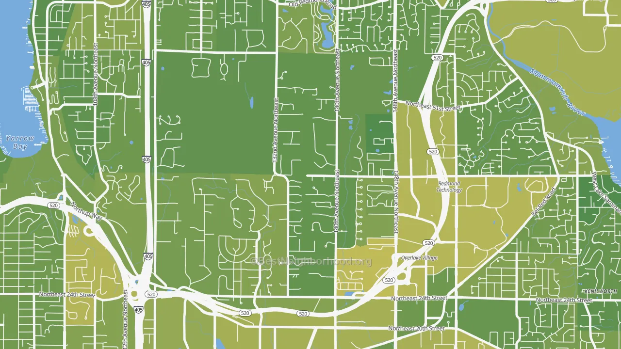 Map of the best neighborhoods in the Bridle Trails, Bellevue area, with better matches in green and worse matches in red