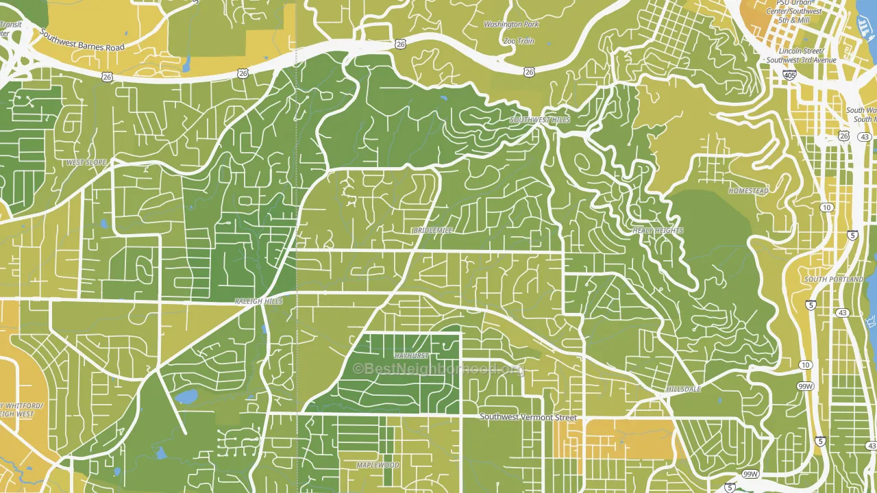 Map of the best neighborhoods in the Bridlemile, Portland area, with better matches in green and worse matches in red