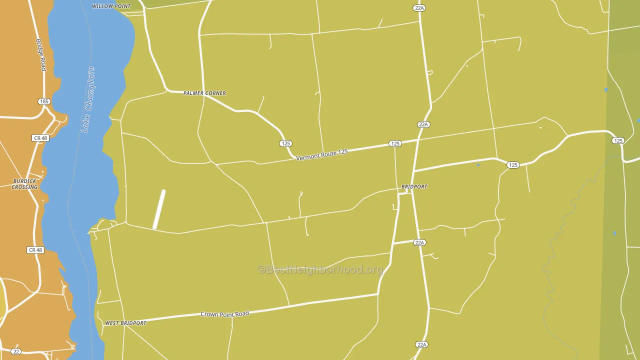 Map of the best neighborhoods in the Bridport area, with better matches in green and worse matches in red