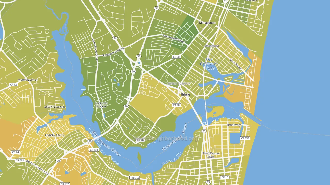 Map of the best neighborhoods in the Brielle area, with better matches in green and worse matches in red