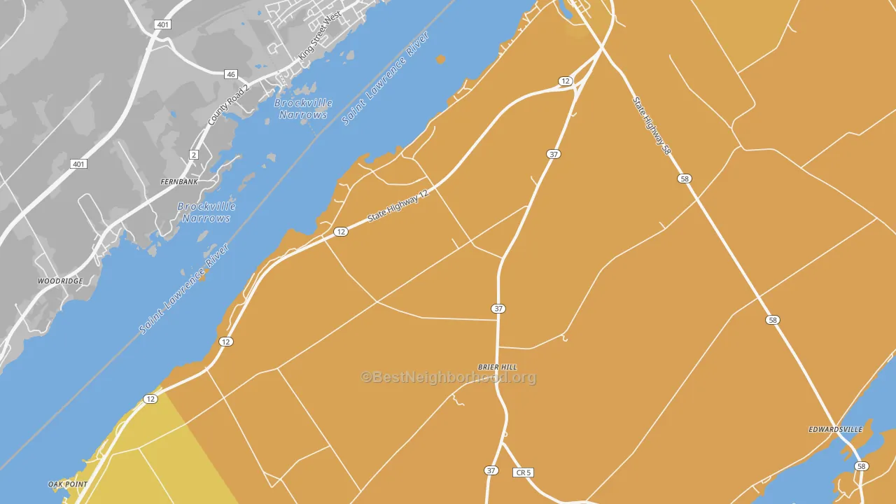 Map of the best neighborhoods in the Brier Hill area, with better matches in green and worse matches in red