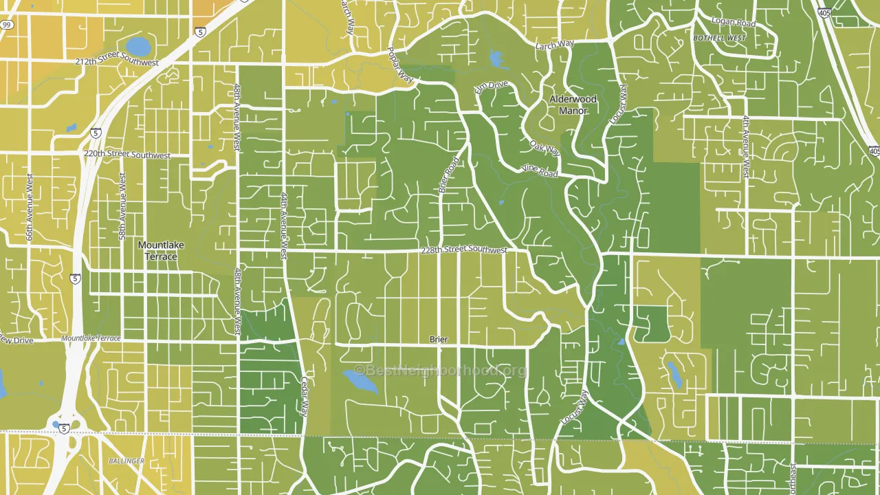 Map of the best neighborhoods in the Brier area, with better matches in green and worse matches in red