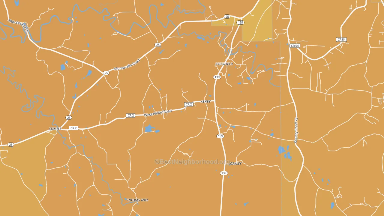 Map of the best neighborhoods in the Brierfield area, with better matches in green and worse matches in red