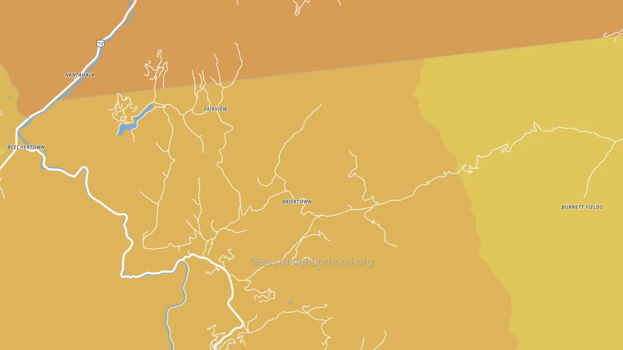 Map of the best neighborhoods in the Briertown area, with better matches in green and worse matches in red