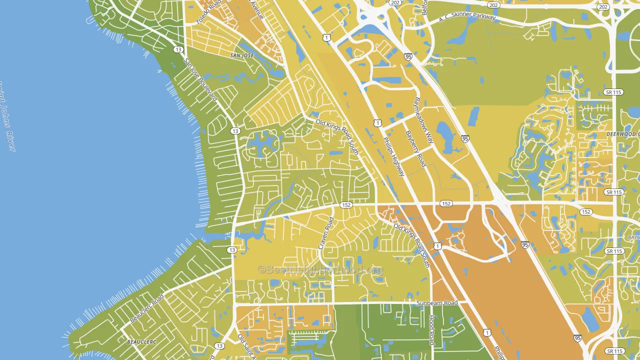 Map of the best neighborhoods in the Brierwood, Jacksonville area, with better matches in green and worse matches in red