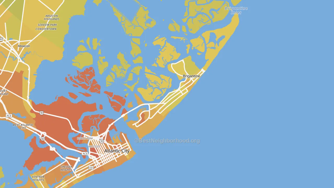 Map of the best neighborhoods in the Brigantine area, with better matches in green and worse matches in red