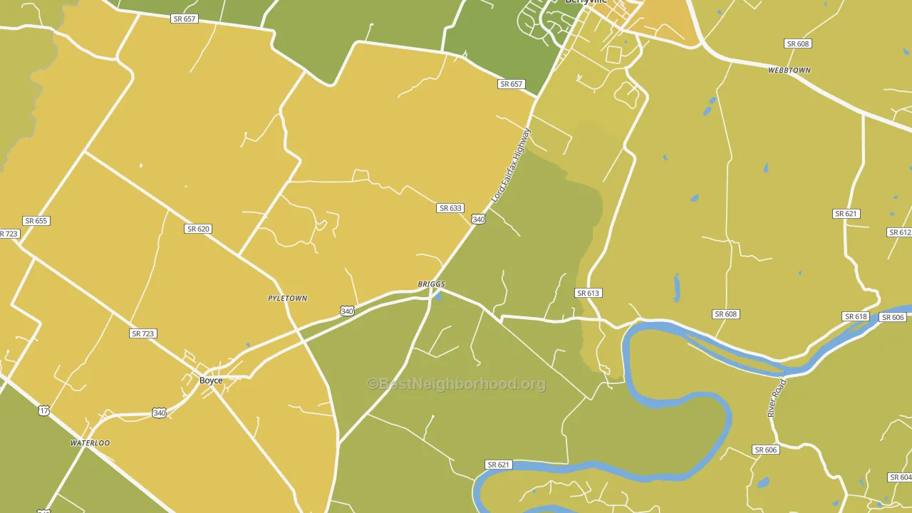 Map of the best neighborhoods in the Briggs area, with better matches in green and worse matches in red