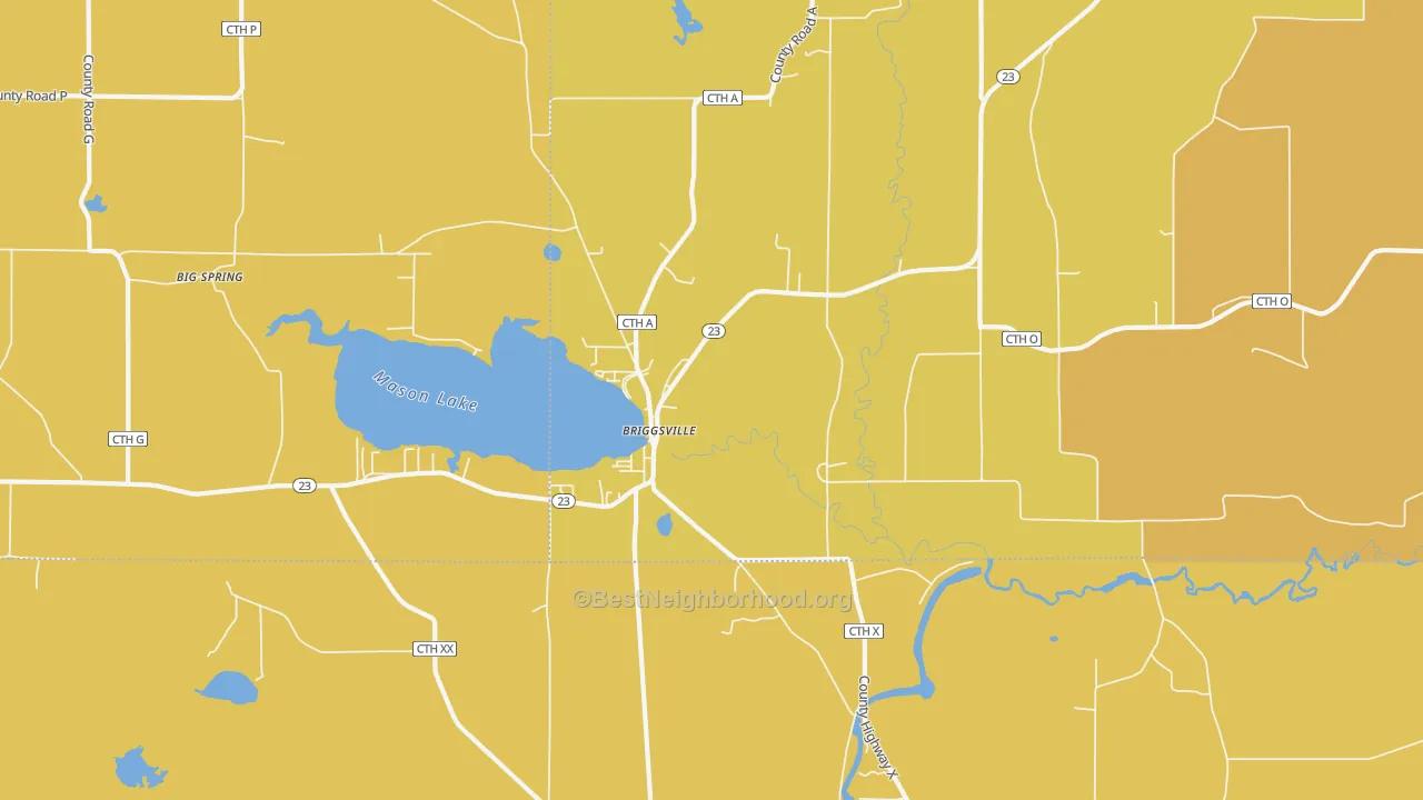 Map of the best neighborhoods in the Briggsville area, with better matches in green and worse matches in red