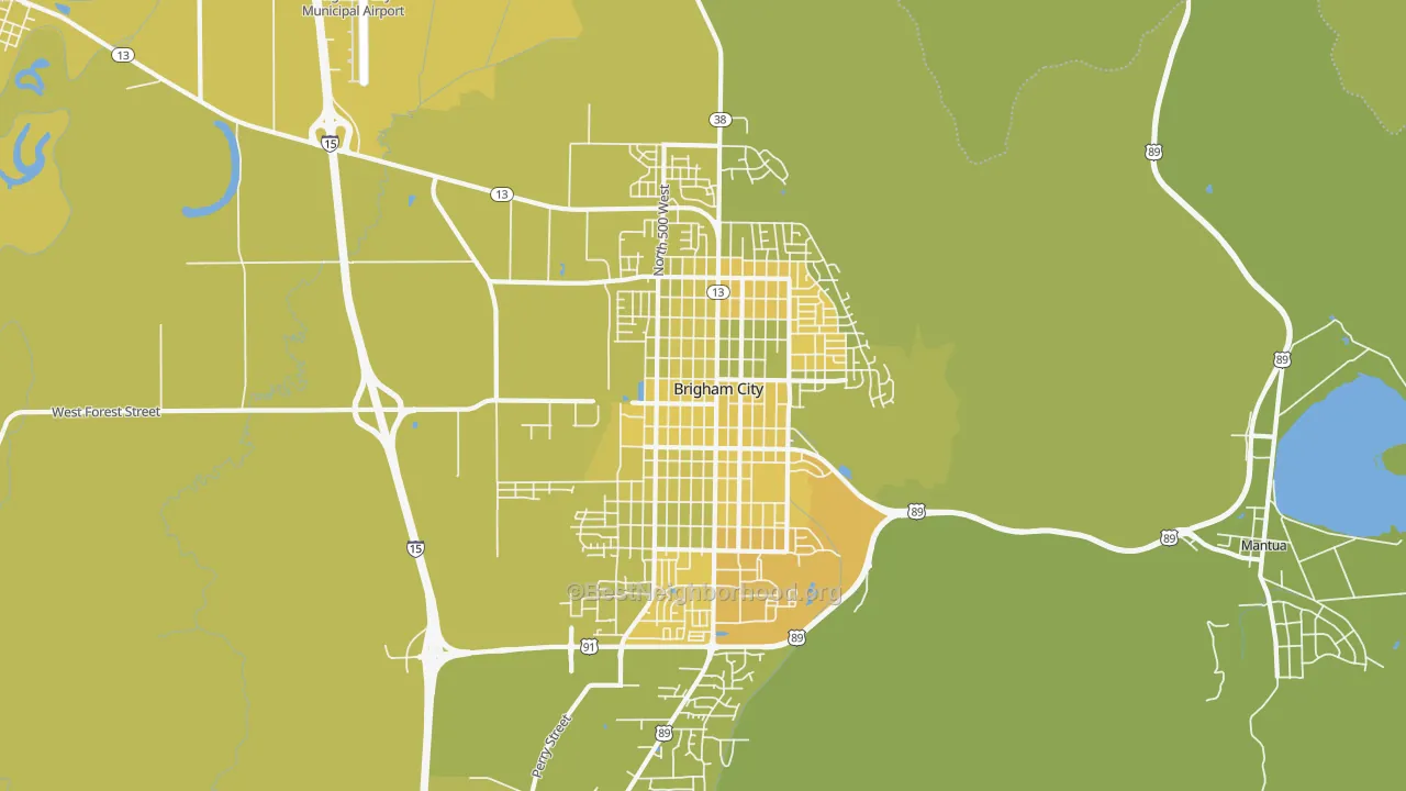 Map of the best neighborhoods in the Brigham City area, with better matches in green and worse matches in red